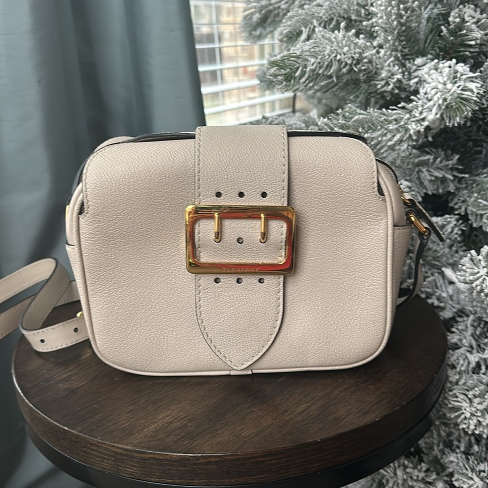 Burberry soft grain calfskin small camera bag. Color- Limestone. Authentic.